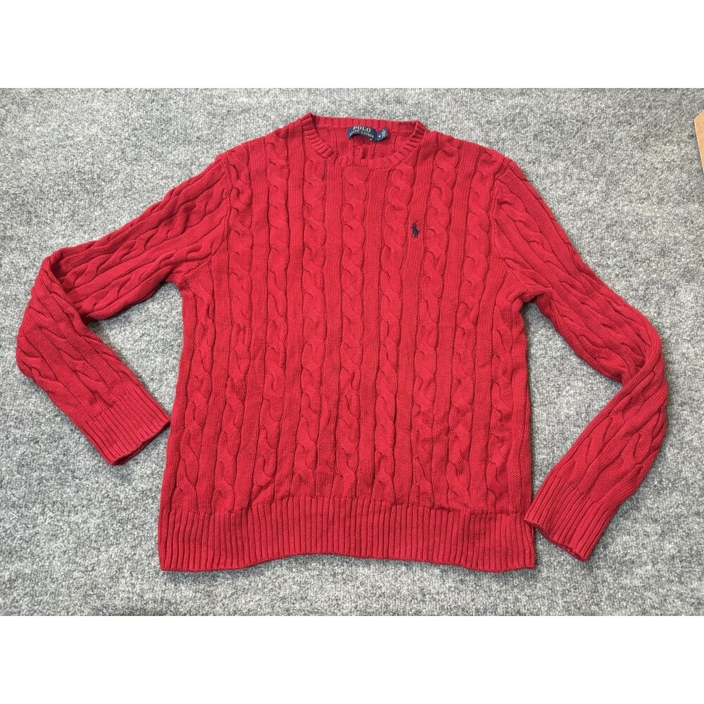 Polo Ralph Lauren Sweater Mens M Red Cotton Cable Knit Crew Neck Pullover Logo